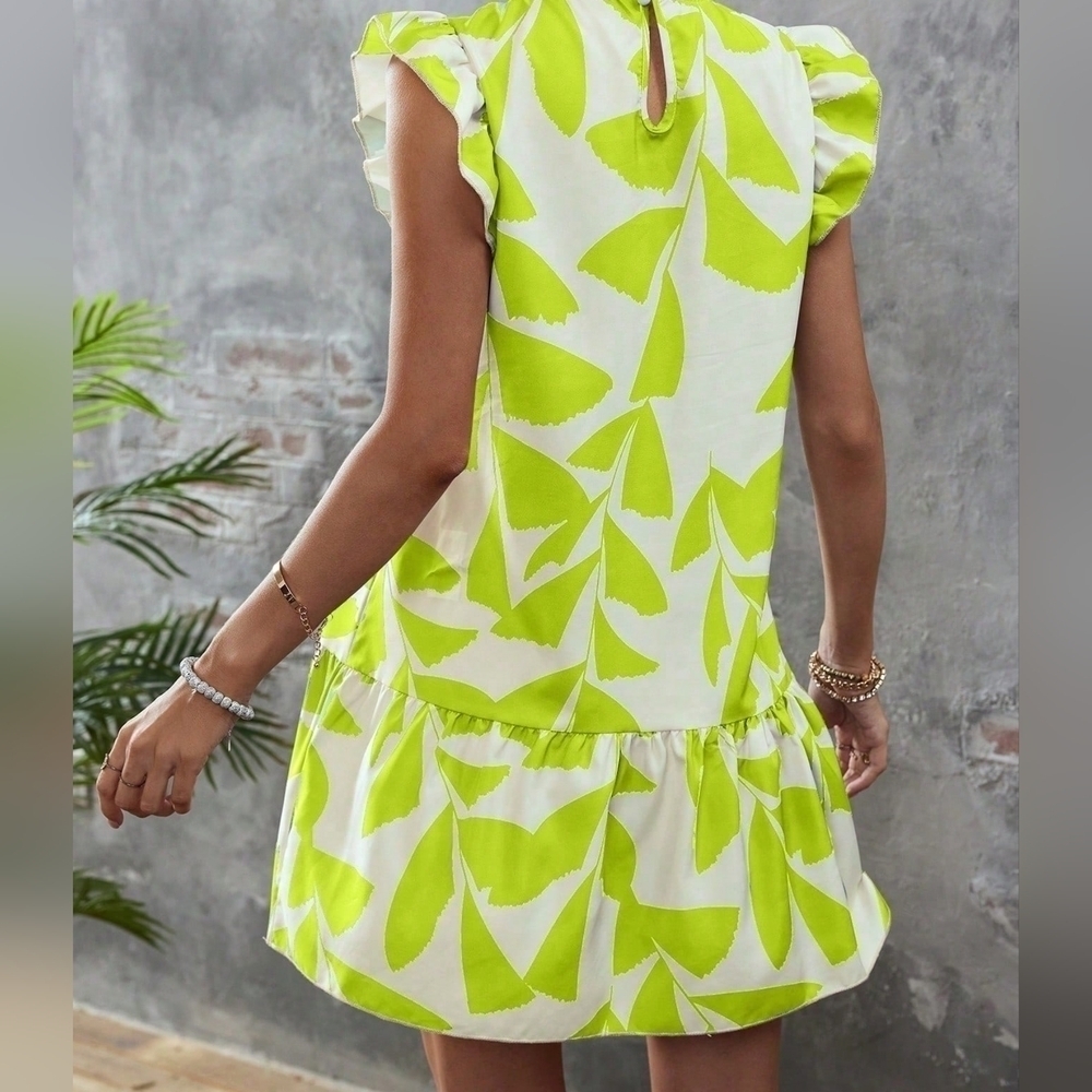 Leaf Print Ruffle Trim Smock Dress - Picture 3 of 4